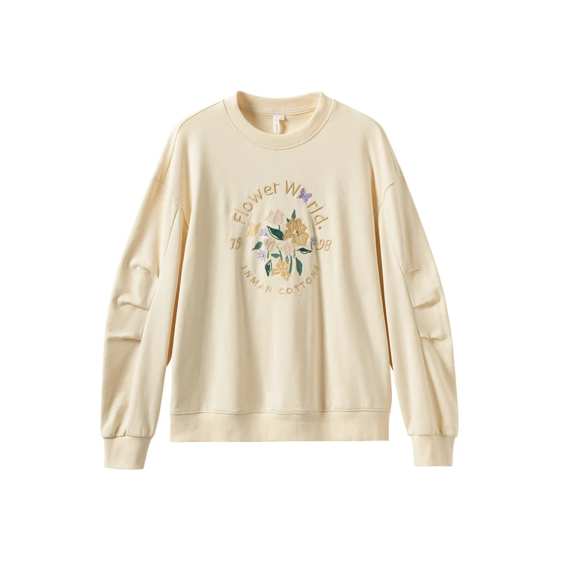INMAN Women Sweatshirts 2023 Spring Long Pleated Sleeve Round Neck Loose Hoodies Flower Embroidery Fashion Commuting Pullover