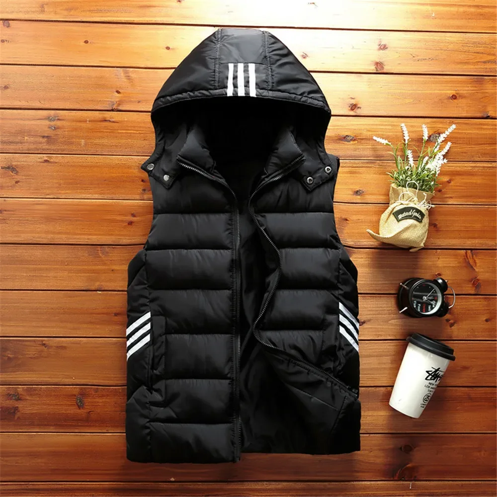 Men Vest Simple Solid Thermal Sleeveless Jacket Hat Detachable Fashion Stripe Coats Windproof Thicken Unloading Waistcoat