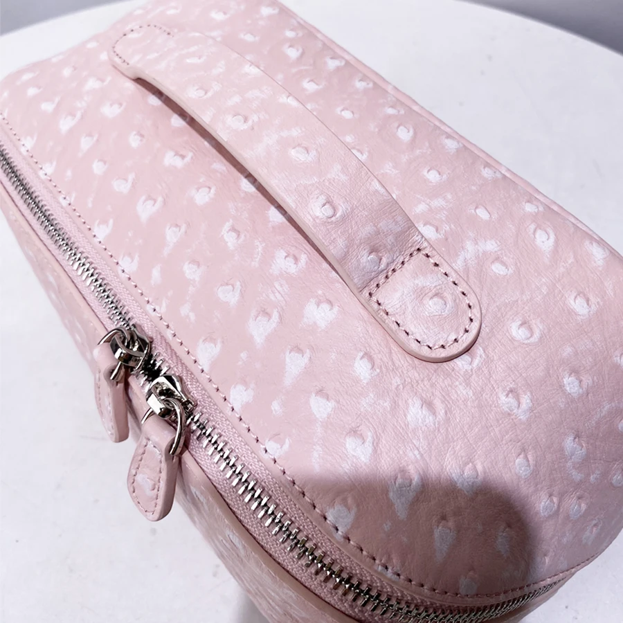 Genuine Leather Cowhide Pink Ostrich Pattern Makeup Box Bags For Women Luxury Designer Handbag New Toiletry Portable Travel Sto 5