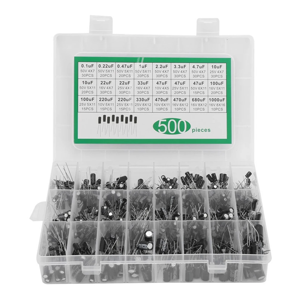 500Pcs 24Values 16-50V 0.1-1000uF Electrolytic Capacitor Assortment Kit Metal Electrolytic Capacitors Low Voltage Capacitor Kit
