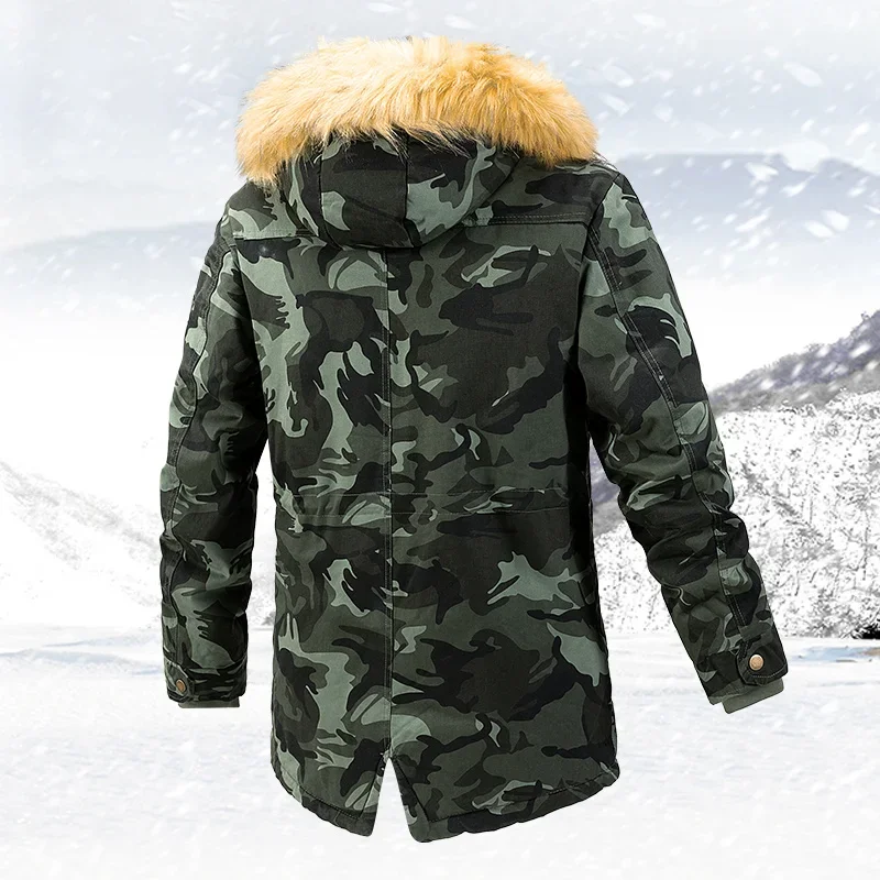 Winter Outdoor Men's Jacket Warm Hunting Camouflage Thickened Mid-Length Parker Workwear Camouflage Windproof Jacket