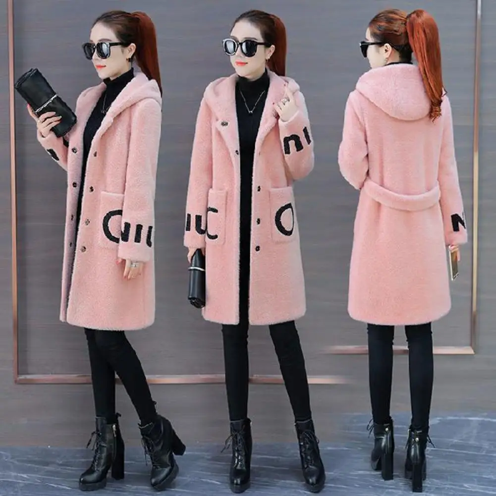 모조 램스울 코트, 두꺼운 양면 플리스 코트, 오버사이즈 포켓 레터 프린트, 여성 모직 코트, 겨울 플러시 오버코트