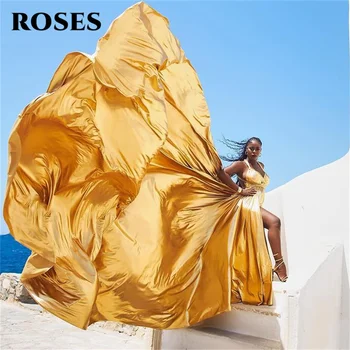 ROSES Gold Soft Stain Long Party Dresses V-Neck Sleeveless Night Dresses A-line Evening Celebrity Dress with Split Customized 1