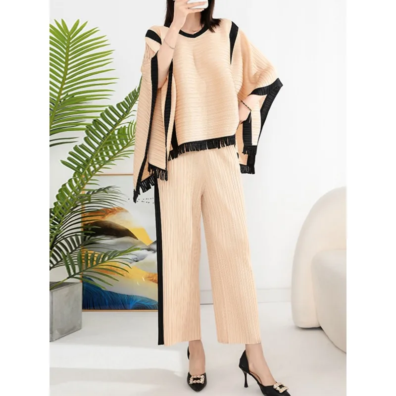 

GGHK Fashion Miyake Pleated Women Set Autumn New Loose Tassels Stylish Tops High Waist Wide Casual Leg Trousers 2 Pieces Suit