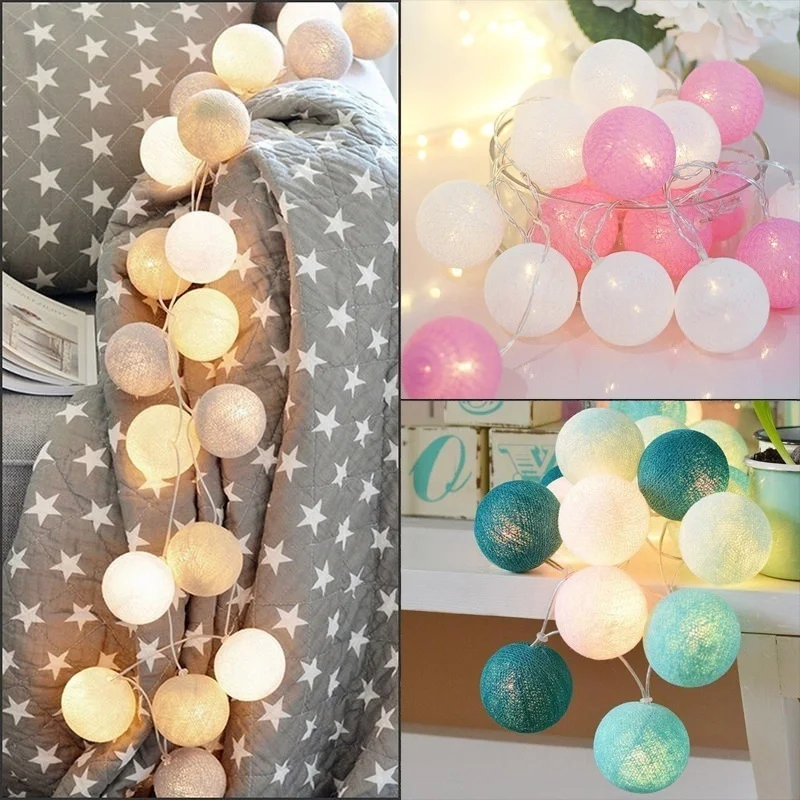 20 LED String Lights Cotton Balls Garland Beads LED Strips Kids Bedroom  Decor Wedding Garden Halloween Christmas Decoration