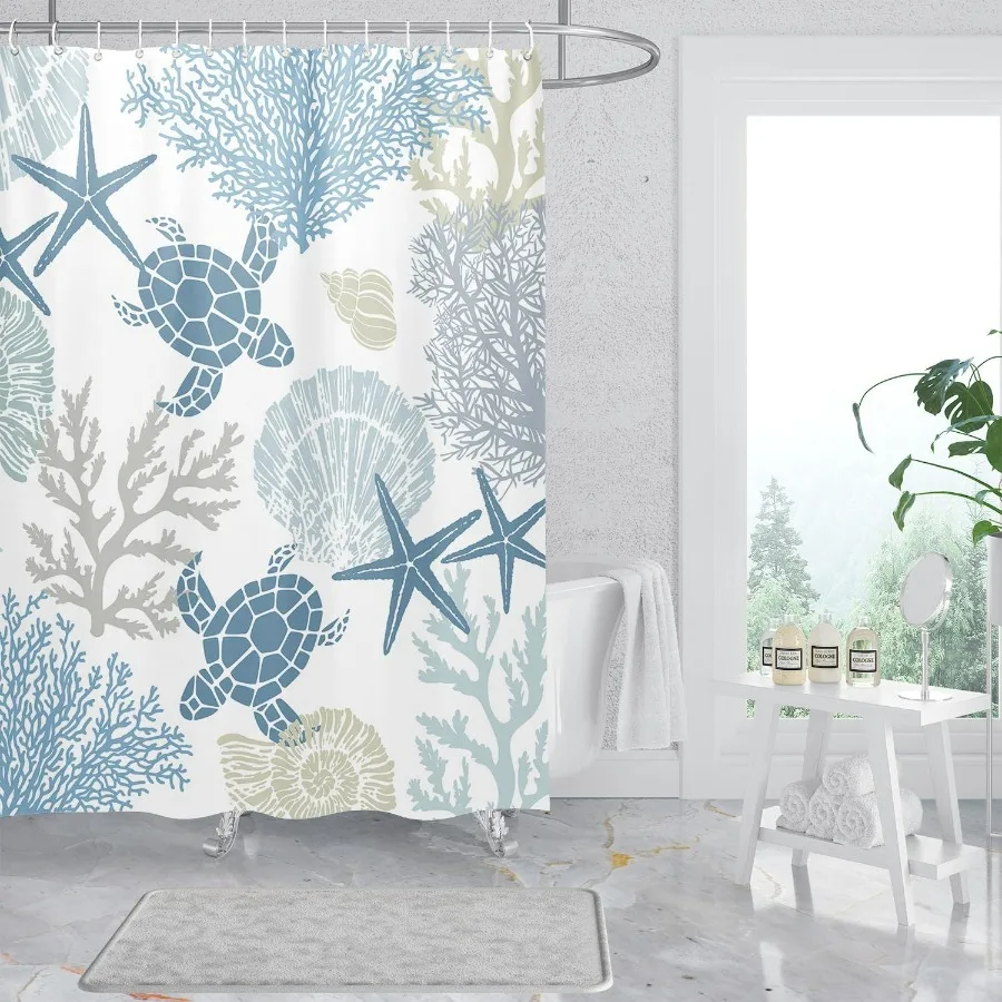 Nautical Coastal Shower Curtain with Turtle Seashell Design