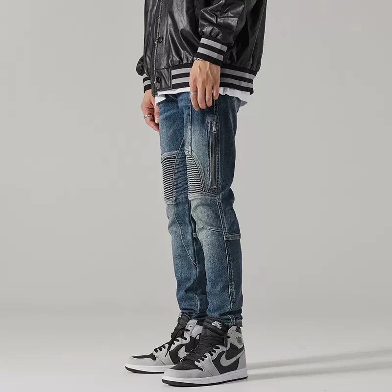 High Street Fashion Men Jeans Retro Blue Elastic Slim Fit Zipper Designer Spliced Biker Jeans Men Patched Hip Hop Pants Hombre