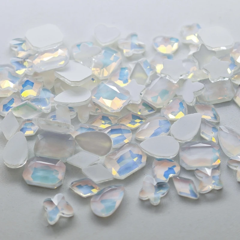 Opal Mokka weiß gemischt geformt Großhandel flache Unterseite Nail Art Strasssteine selbstklebende glänzende Glaskristall 3D-Nageldekoration – Detail 1