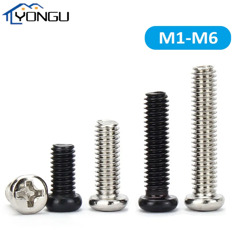 

M1-M6 Mini Phillips Cross Recessed Pan Head Self-tapping Screw Black Carbon Steel Round Head Flat End Small Bolts Nickel Plated