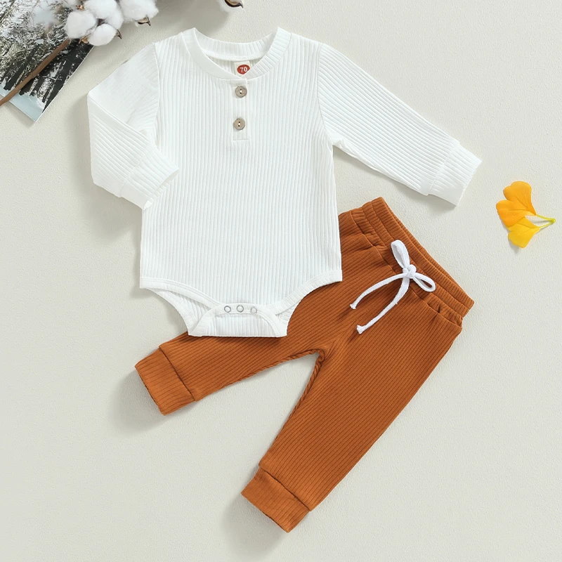 

Toddler Baby Boy Clothes Ribbed Button Long Sleeve Rompers Casual Pants Infant Boys Fall Winter 2PCS Set