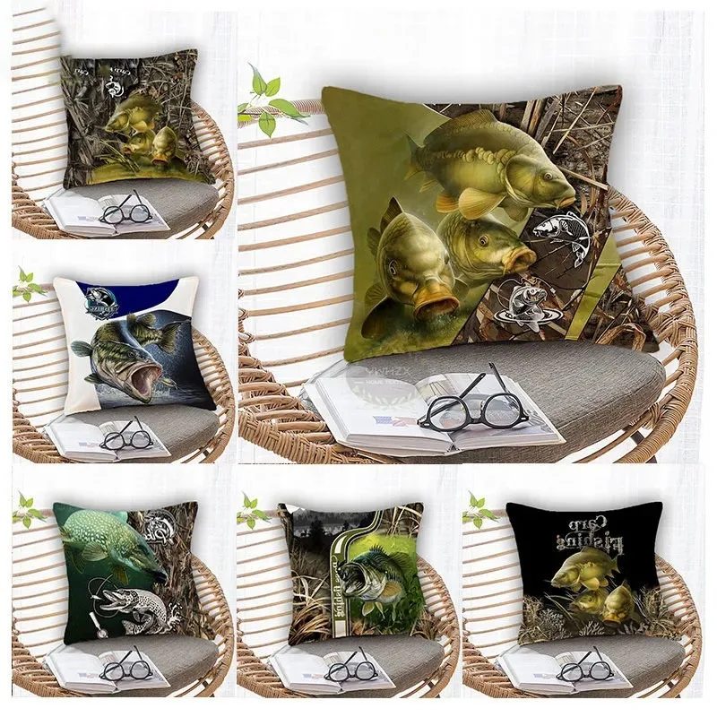 

Bass Carp Pillowcase Fishing Cushion Peach Skin Comfortable Patterns Gifts Fish Printed Home Office Decorative Pillowcases Cover