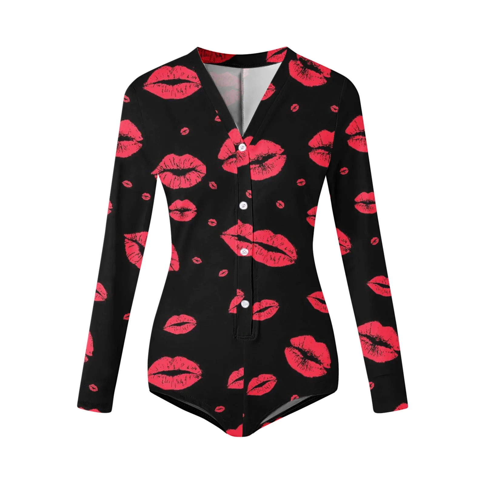Valentines Day Women Onesie Pajamas Buttoned Butt Flap Jumpsuit Sleepwear Mouth Lips Heart Printed Adults Onesies Pyjama