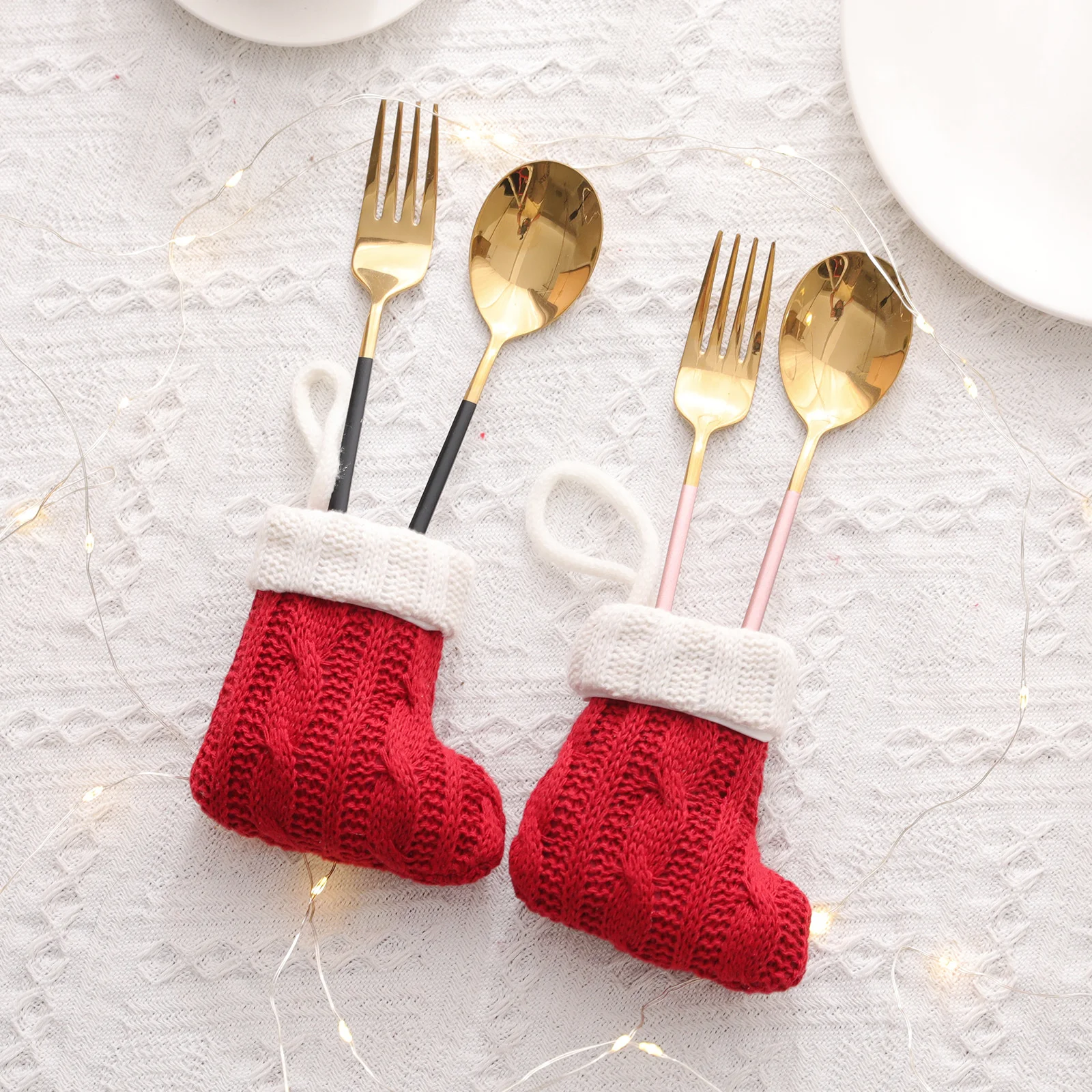 100pcs Decorative Mini Knitted Socks Christmas Tableware Set Knife and Fork Set Socks Home Decoration Supplies