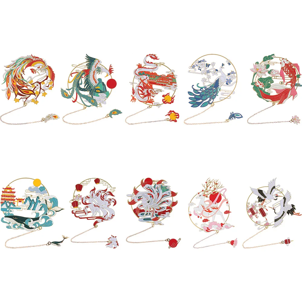 Chinese Style Calligraphy Painting Bookmark Group Fan Book Clip Pagination Mark Metal Tassel Stationery School Office Supplies - 5