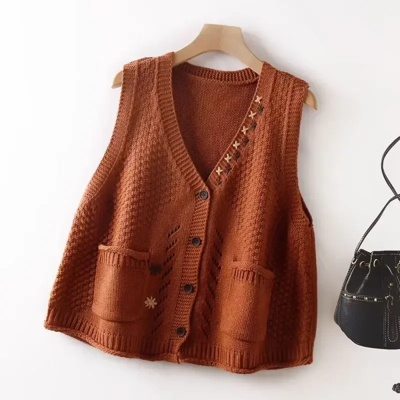 

Новинка, весенне-осенний модный ретро-топ Layup, вязаный жилет, стильный Повседневный свободный художественный свитер на пуговицах для женщин E51