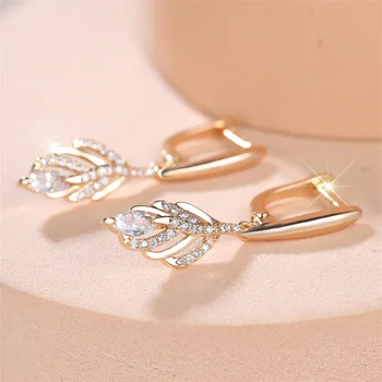White Zircon Water Drop Tassel Leaf Pendant Hoop Earrings For Women Gold Color Ear Buckle Wedding Jewelry Engagement Party Gifts