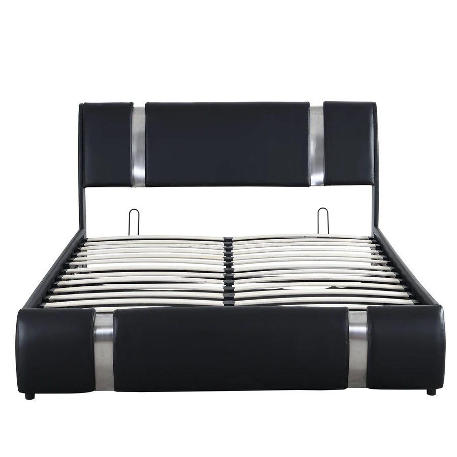 Cama Tamaño Queen Con Tapiceria De Piel Sintetica Con Cabecero Acolchado  Negro