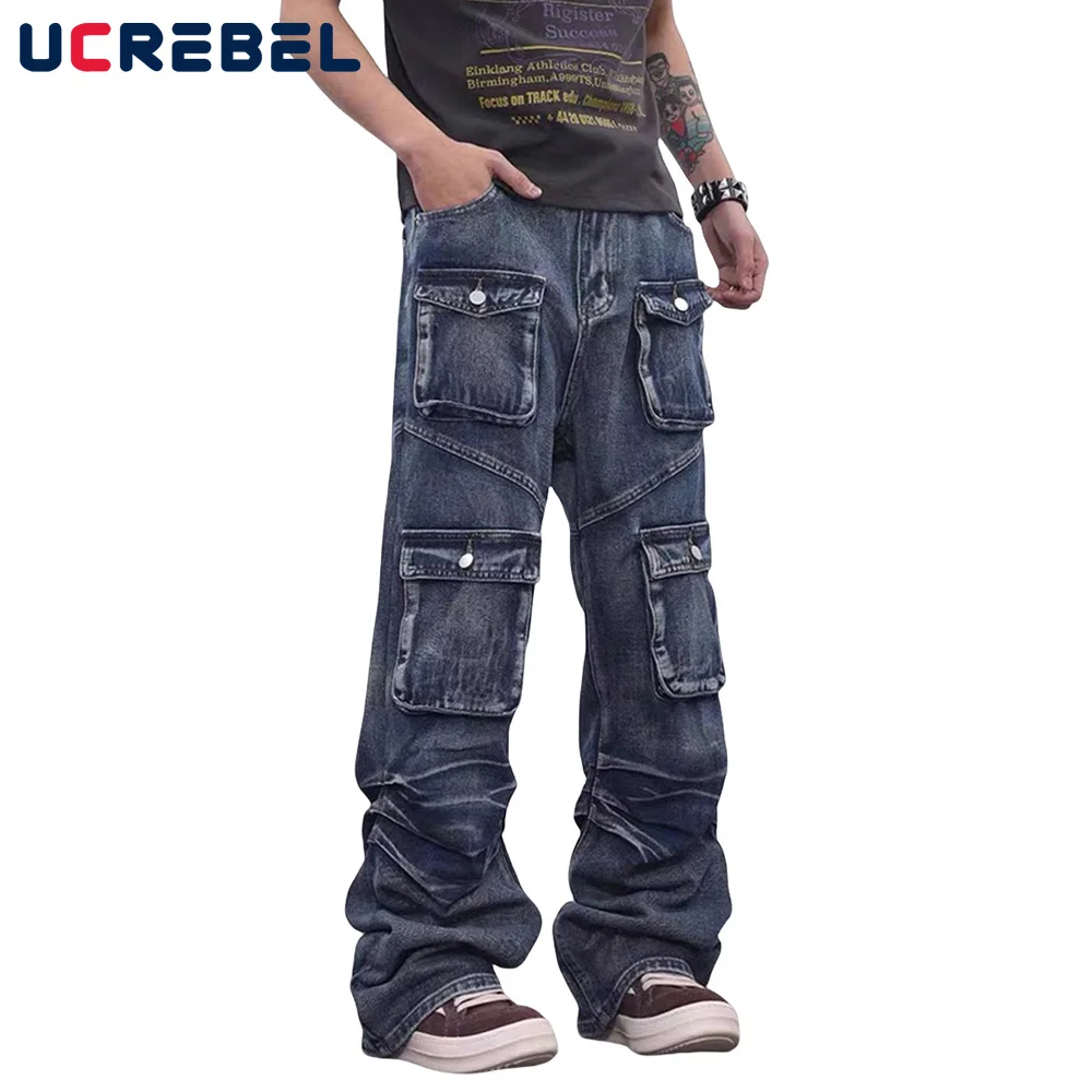 

Multi-Pocket Washed Distressed Jeans Mens High Street Summer Spliced Loose Straight-leg Denim Pants Men