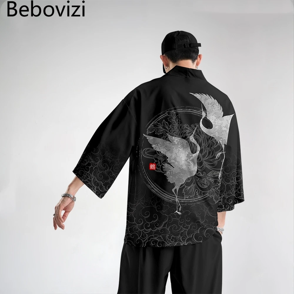 Bebovizi Japanese Crane Kimono Cosplay Pant Men Women Cardigan Samurai Robe Black Clothes Summer Yukata Vintage Haori
