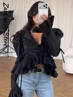Chemisier plissé à volants pour femme, style urbain, uni, à simple boutonnage, manches longues, coupe courte, nouvelle collection printemps décontractée 4