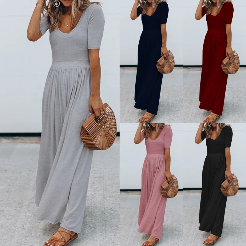 

Spring and summer burst European and American women's new round neck short sleeve long jumpsuit commuting
