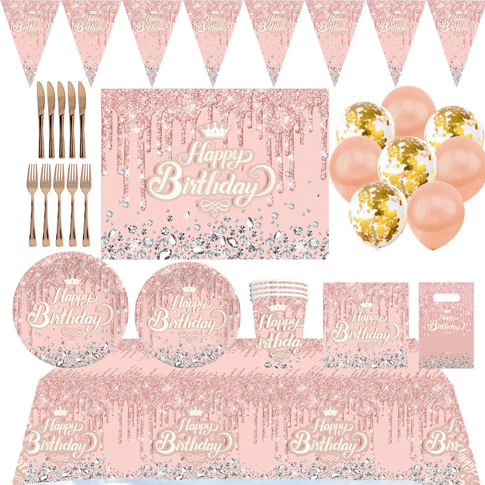 

Disney Cartoon Rose Gold Diamond Theme Birthday Party Decoration Disposable Tableware Balloon Background Baby Shower Girl Gift