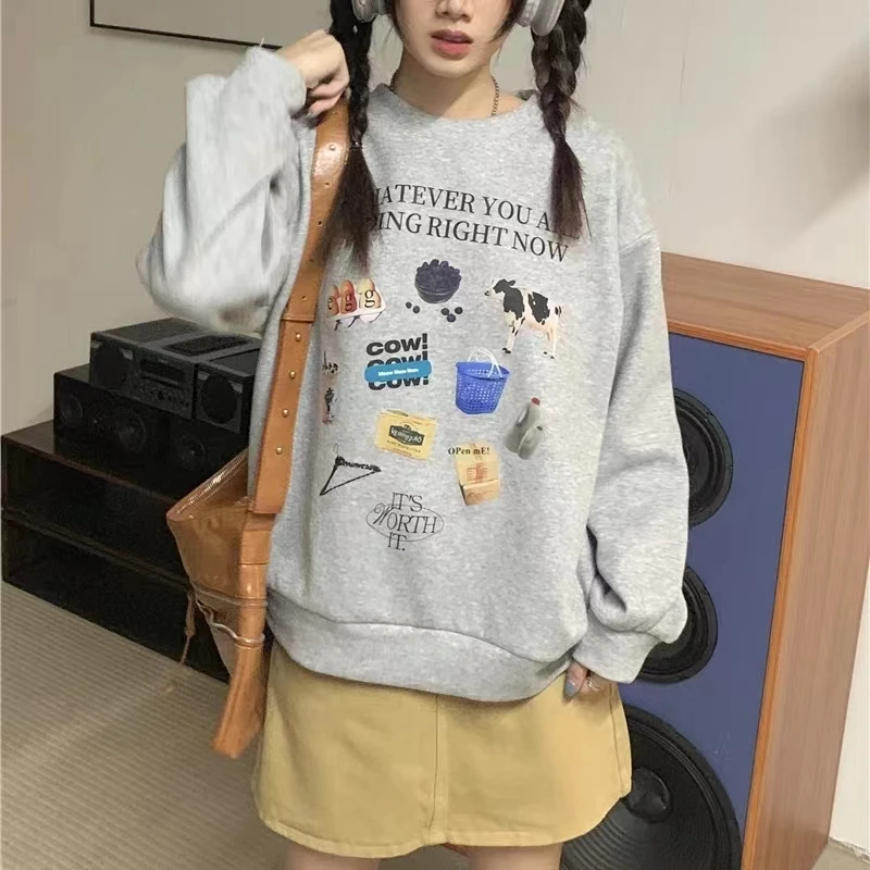 

Cow Fashion Print Loose Sweatshirt Women Long Sleeve Crewneck Korean Sudaderas Y2k Clothes Thin Spring Autumn Moletom Feminino