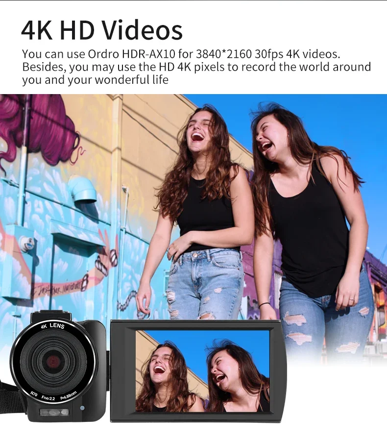 오르도 AX10 4K 캠코더 카메라 전문가용 30MP 60FPS 30배 디지털 줌 카메라 브이로그 IR 야간 투시경 WiFi 유튜브 영상 촬영