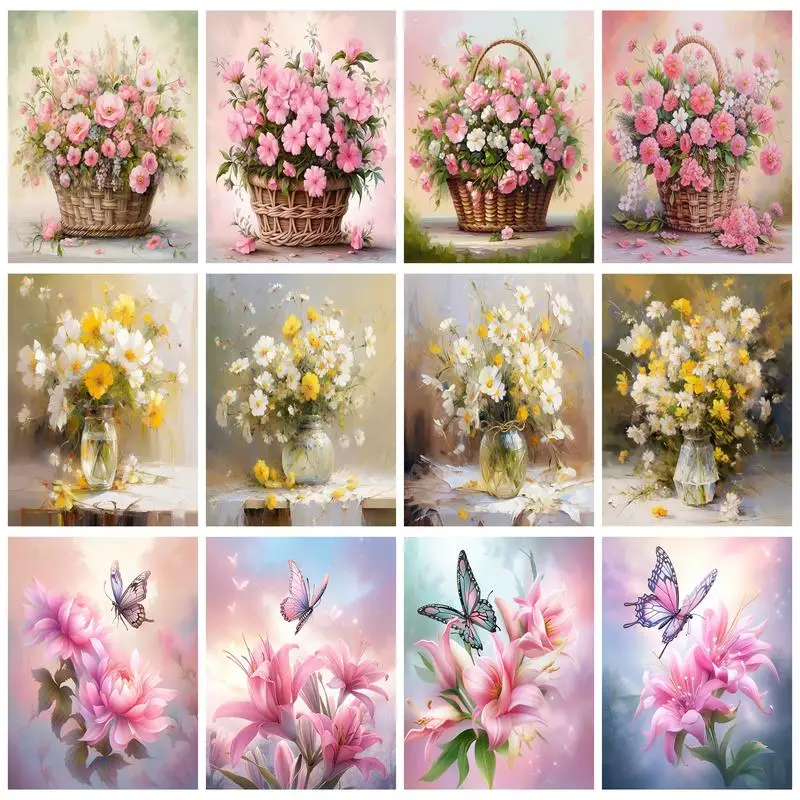 

RUOPOTY 5d Diamond Painting Pink Flower Cross Stitch Full Square/Round Diamond Embroidery Rhinestone Kit Home Decor
