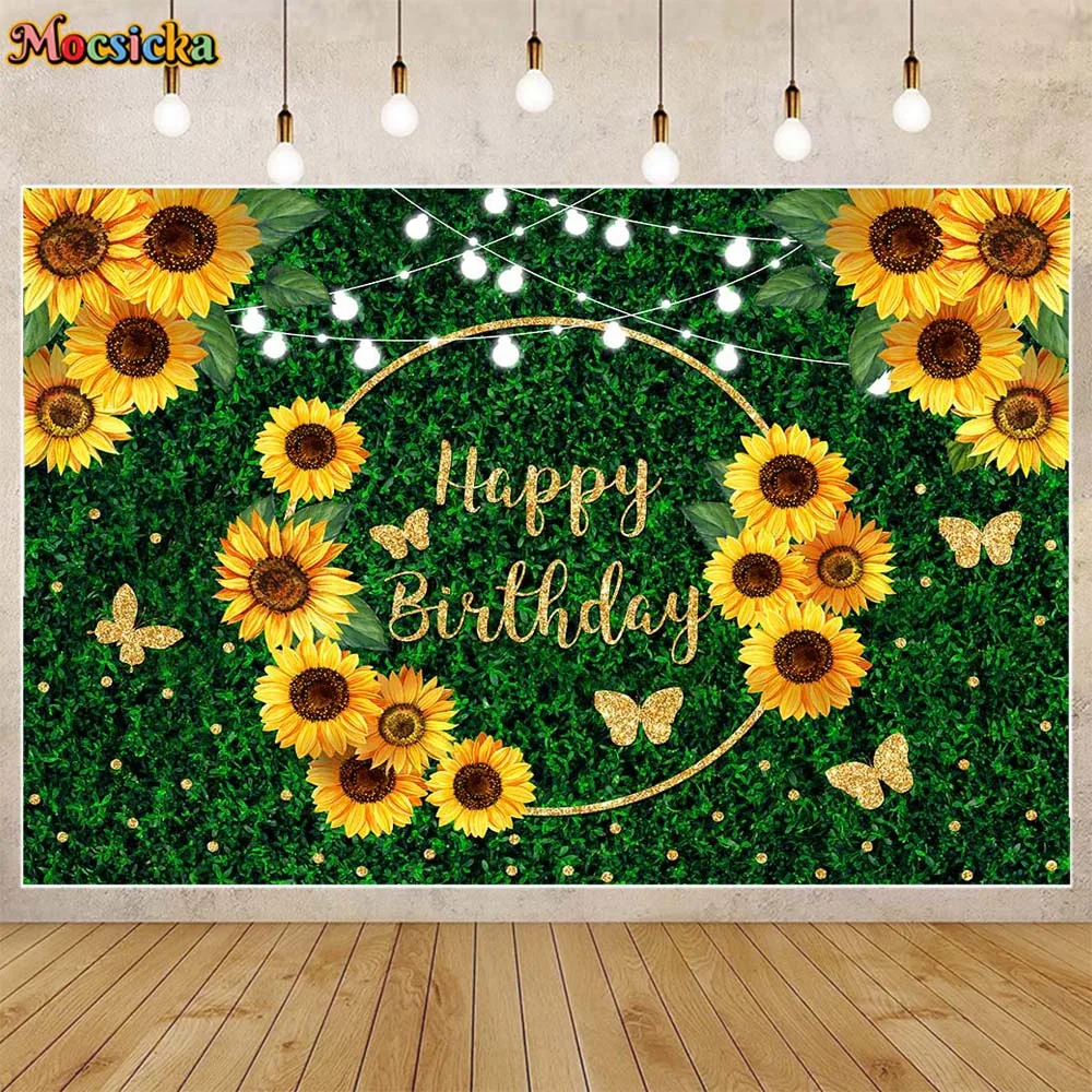 

Mocsicka Sunflower Birthday Backdrop Green Grass Wall Golden Butterfly Baby Kids Birthday Party Photo Background Decor Photocall