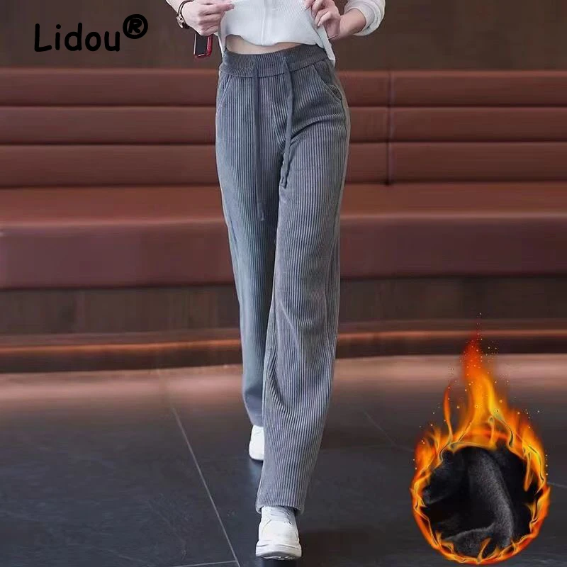 

Women's Winter Vintage Corduroy Plush Thick Straight Pants Female Solid Pockets Drawstring Trousers Casual High Waist Pantalones