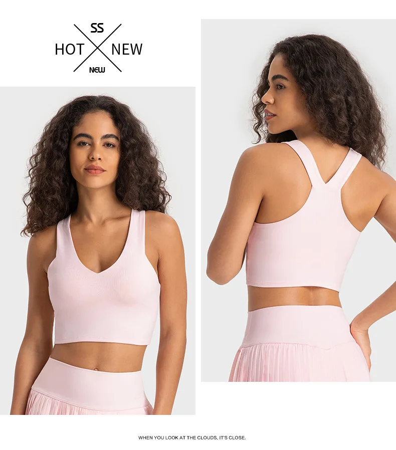 Solid Color Wide Shoulder Strap V-Neck Women Sports Tank Fitness Yoga Bra Crop Top Push Up With Chest Pad High Impact Shockproof