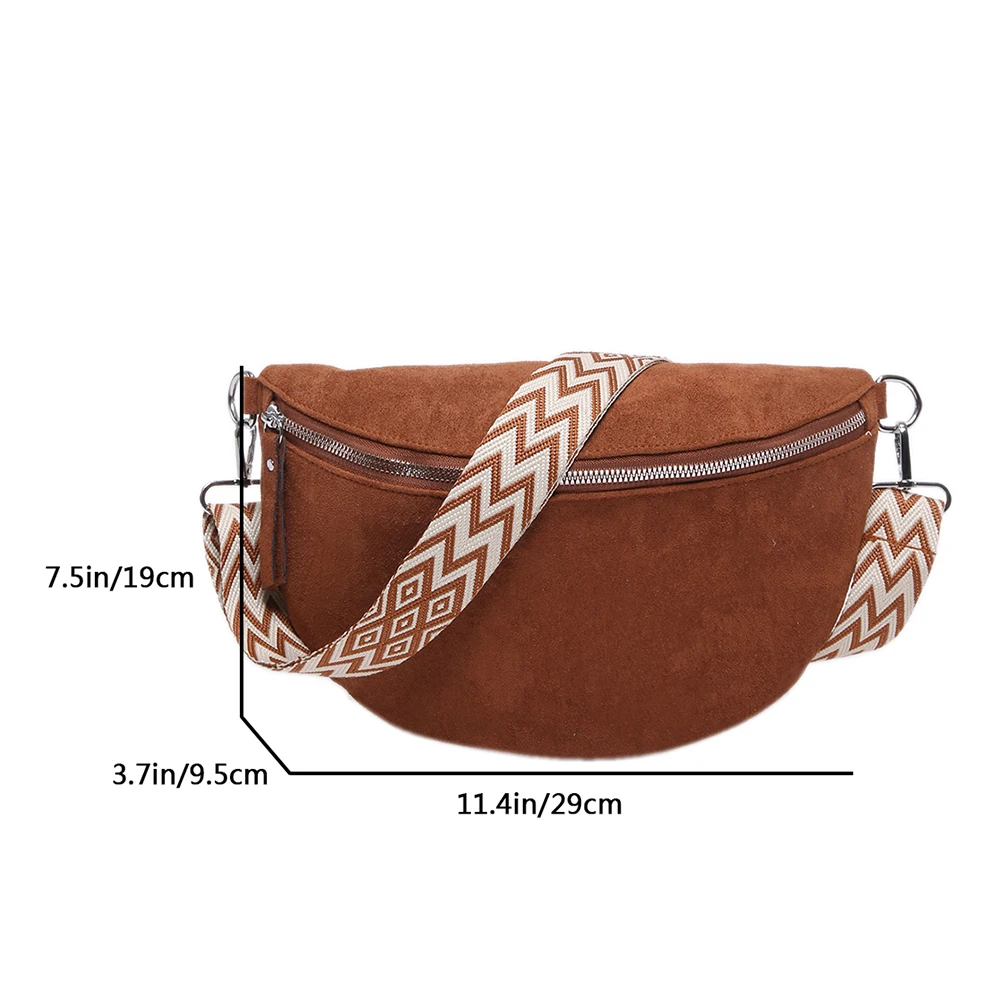 Women Faux Suede Crossbody Bag Wide Patterned Strap Shoulder Bag Solid Color Sling Bag for Work Travel