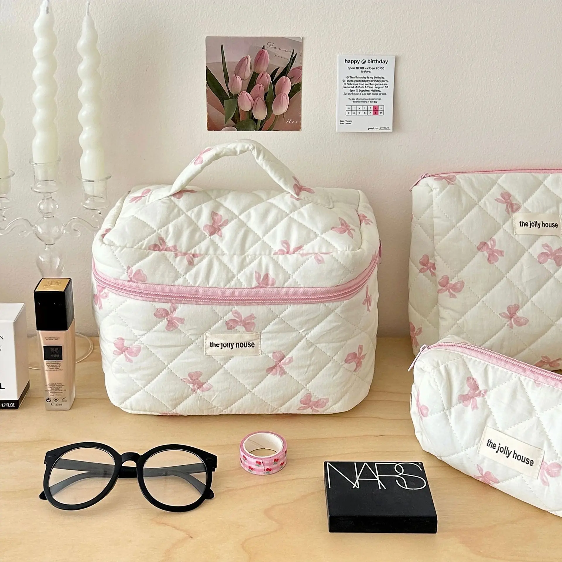 3pcs/set Quilted Cotton Ladies Makeup Pouch | Large Travel Cosmetic Bag with Zipper | Women's Aesthetic Print Storage Bags Organizer