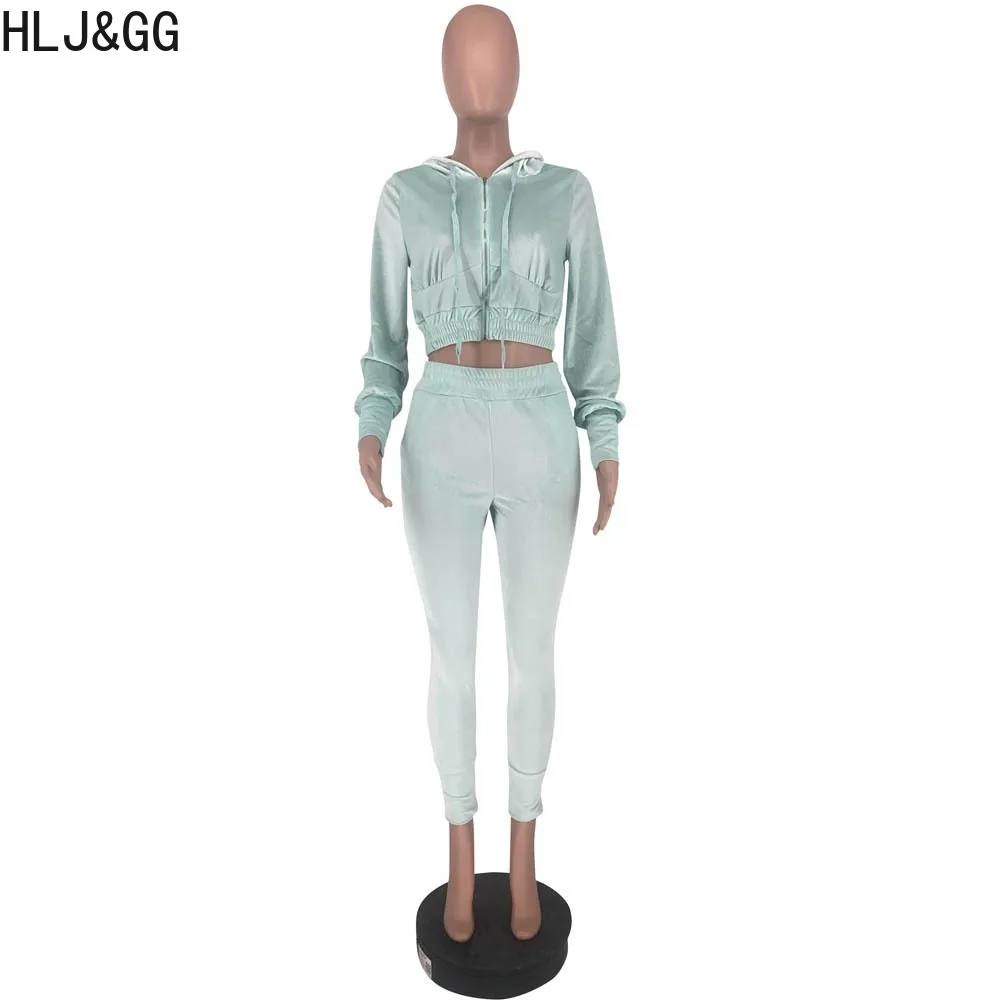 HLJ&GG Casual Solid Color Velvet Hooded Tracksuits Women Zipper Long Sleeve Crop Top And Skinny Pants Two Piece Sets Outfit 2024