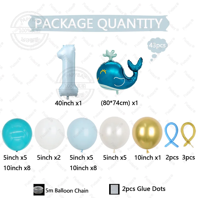 43Pcs Ozean Tier Themen Ballon Baby Blau Anzahl Geburtstag Ballon Set Cartoon Wal Hai Seepferdchen Ballon Party Dekoration – Detail 1
