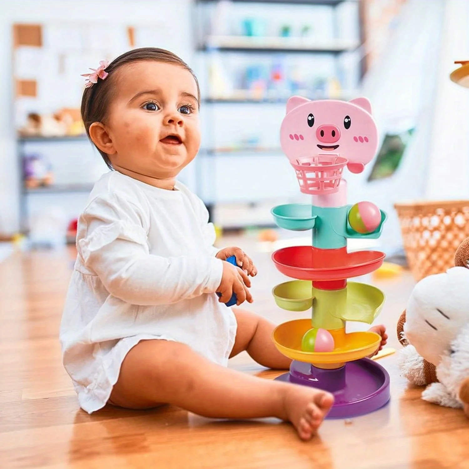 Fun cartoon animal piggy track assembly stacking music ball 0-3 year old baby early education educational toy