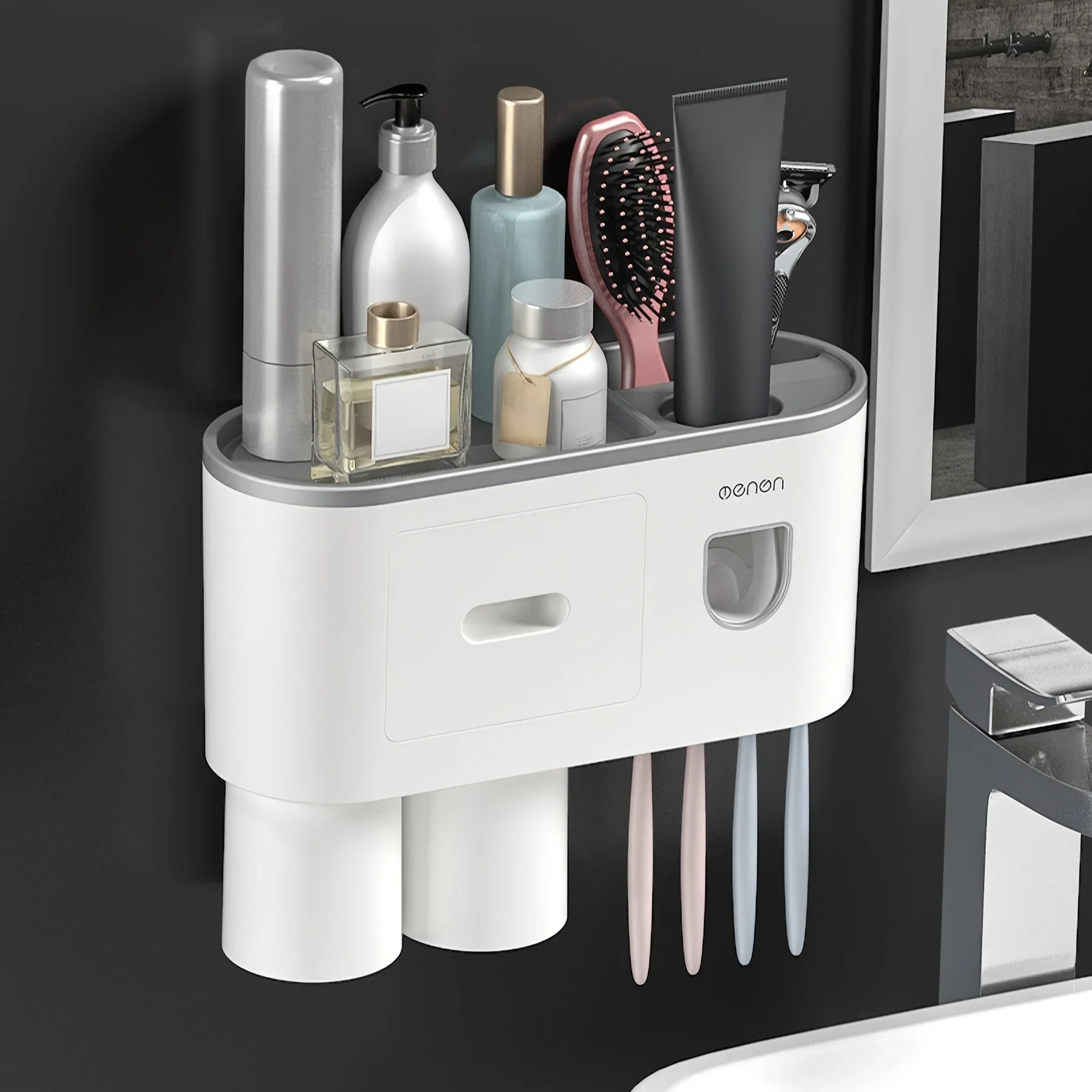 Wall-Mounted Toothbrush Holder Set No Drilling Auto toothpasteDispensers Magnetic Cups Hooks Simple Installation toothbrush holder toothpaste dispenser wall mounted storage hook