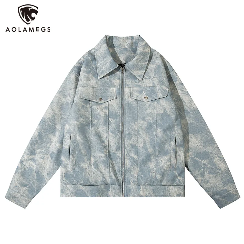 Aolamegs Men Imitation Leather Jacket Multi-Pocket Cloud Camouflage Coat American Retro High Sreet Loose Lapel Baseball Outwear