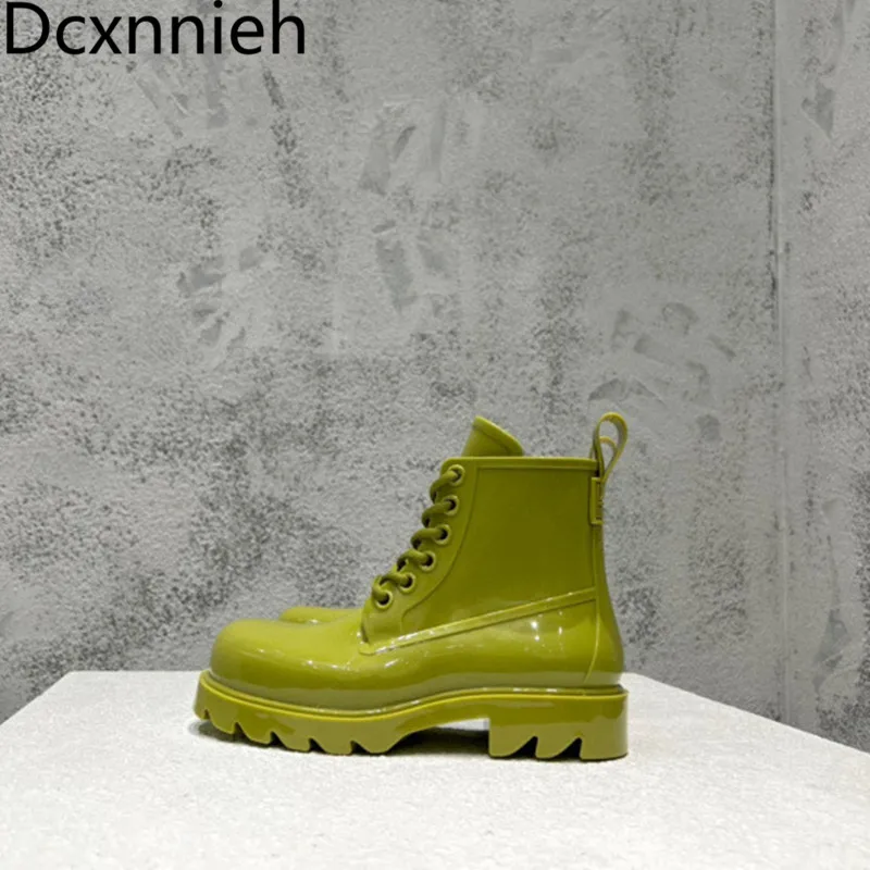 

Женские ботильоны на шнуровке, водонепроницаемые ботинки с круглым носком, на толстой резиновой подошве, модная обувь-желе для осени, 2023