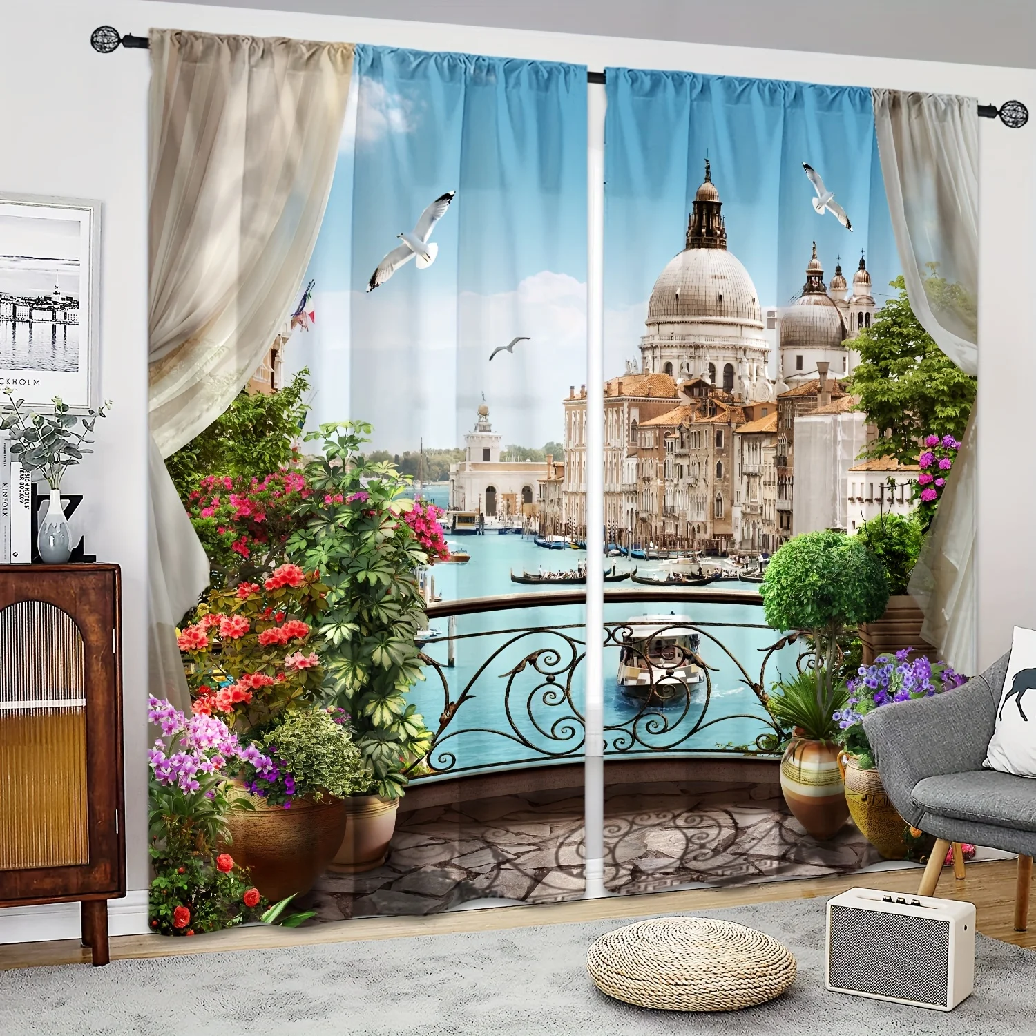 

2pcs Sea Balcony Architectural Landscape Semi-shading Curtains Window Treatment For Bedroom Living Room Kithcen Home Decor