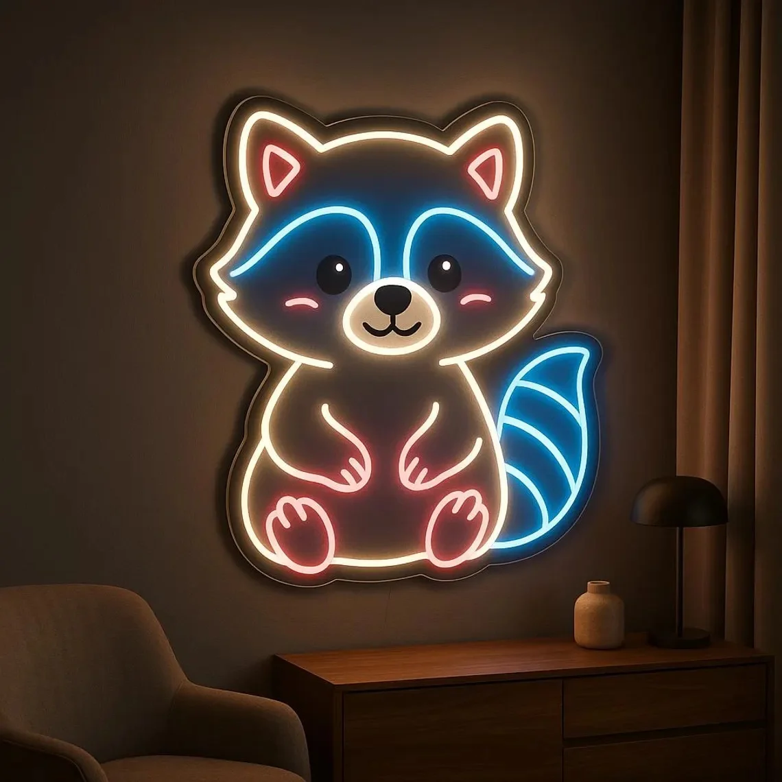 너구리 네온 사인 귀여운 LED 너구리 벽 조명 네온 램프 침실 게임룸 바 장
