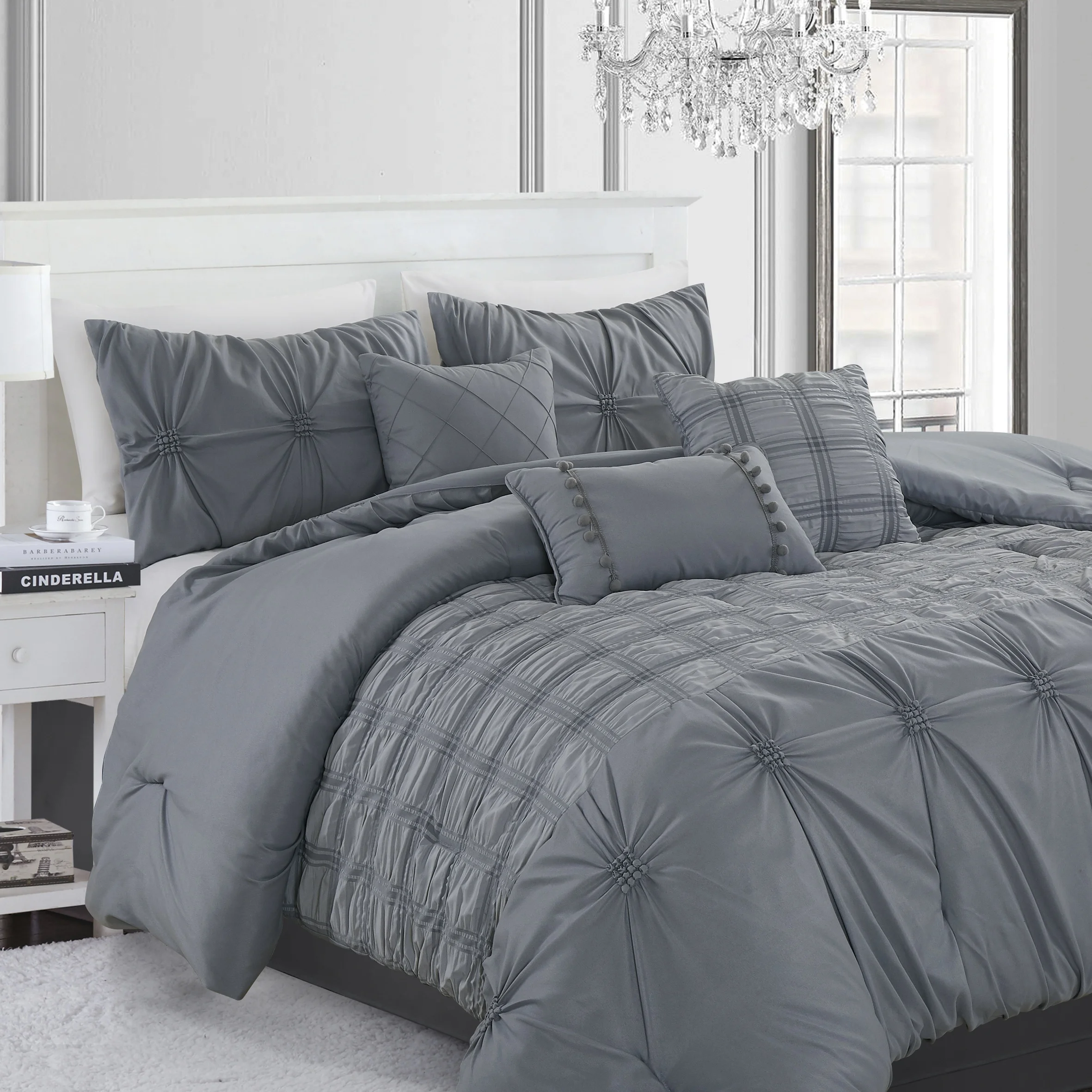 

7-Piece Luxurious Pinch Pleat Comforter Set - Ultra-Soft Microfiber, Warm 200GSM Fill - Includes Bed Skirt, Rectangle Pillow & C