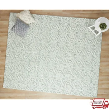 Handmade Wool Area Rug 8x10 Indoor Non-Slip Backing Stain Resistant Suzani Pattern Elegant Medallion Design Living Room Bedroom