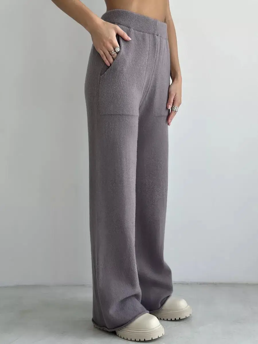 Knit Zipper Women's Pants Sets For Women Slim Lapel Long Sleeve Pullover And Patchwork Straight Legg 2 Piece-Set Winter