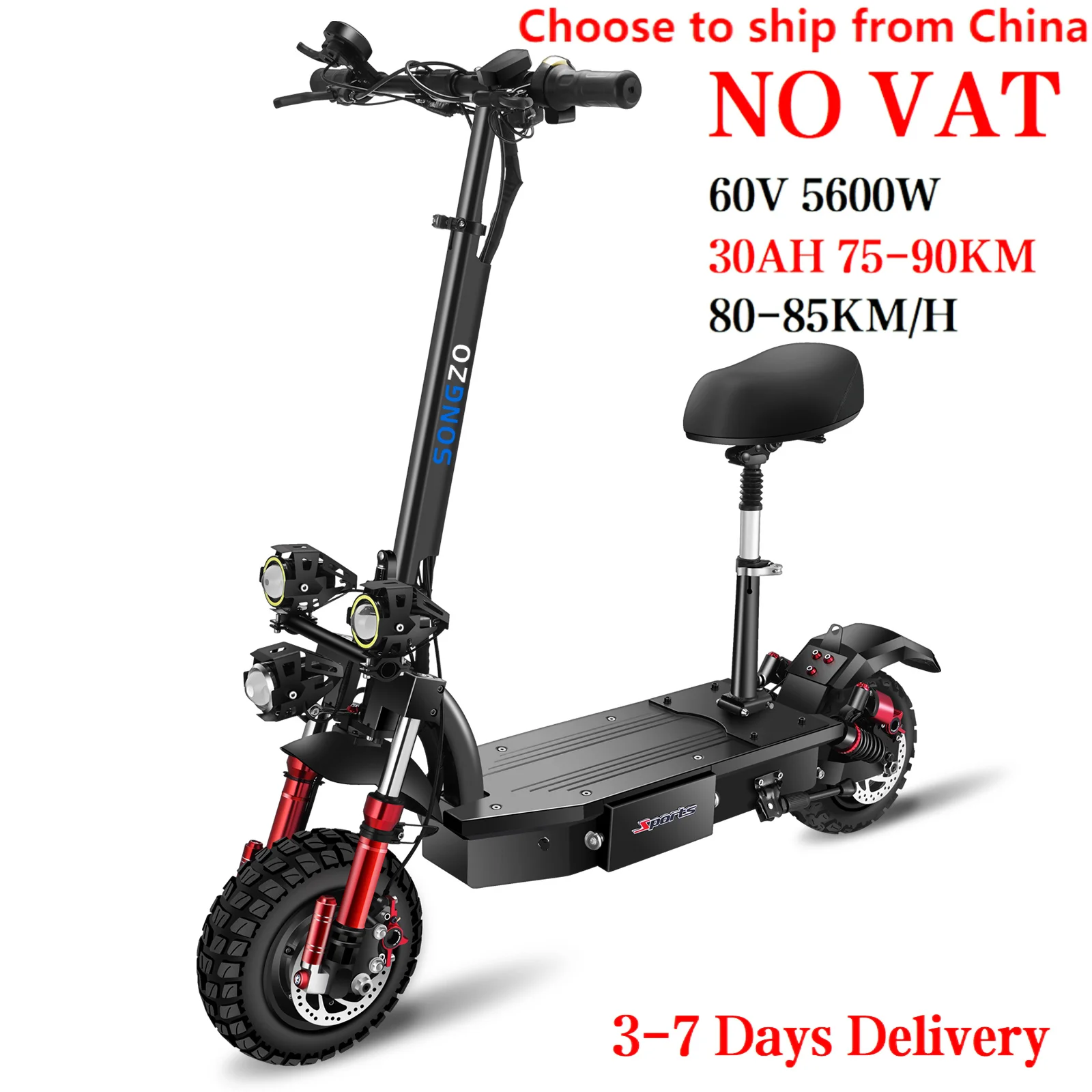 Songzo Electric Scooter 5600w 11 Inch Offroad Electric Scooter 85km/h With 60v 38ah Lithium