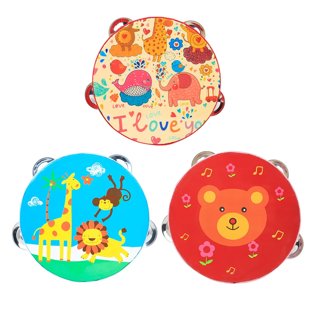 

1 Piece Colorful Animal Pattern Hand Clapped Bell Drum for Children Music Education 6 Inch Cartoon Pattern Tambourine