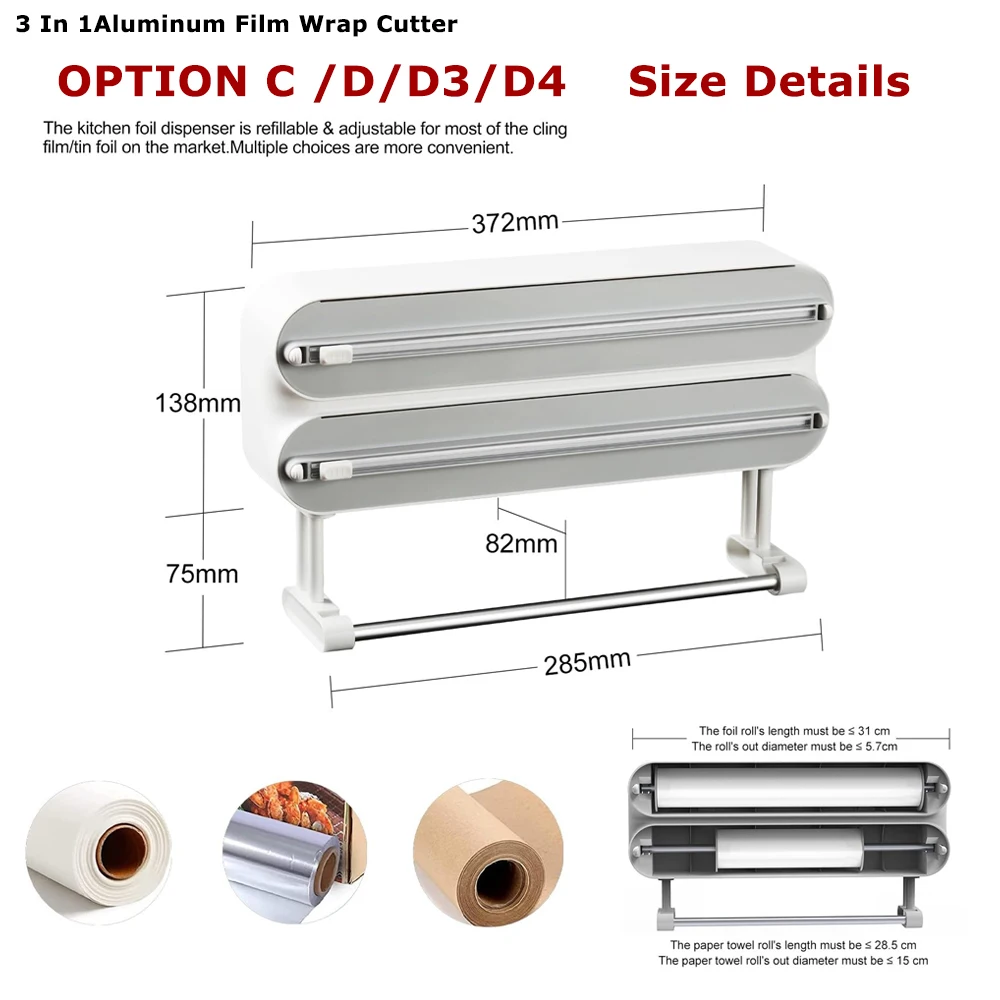 Plastic Wrap Cutter 3 In 1 Functional Aluminum Film Wrap Cutter WallMount Paper Towel Holder Cling Film Cutting Holder
