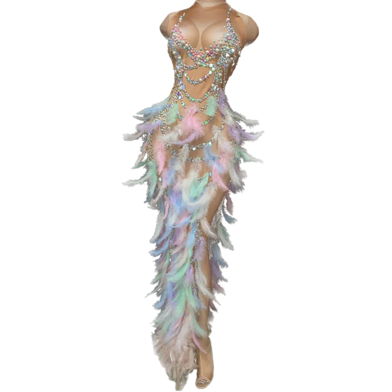 nightclub-party-celebration-sexy-feather-strass-dress-donna-elastico-senza-maniche-prom-high-slit-dress-stage-performance-outfit