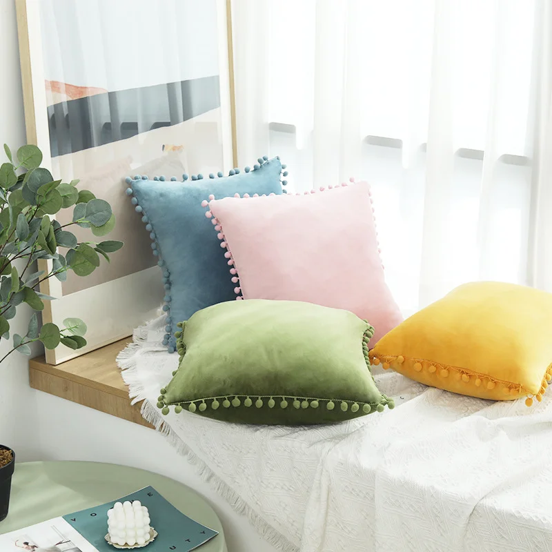

Home Décor: Ins-style Modern Simple Pom-pom Lace Throw Pillow Velvet Solid Color Sofa Cover Furball Cushion Cover